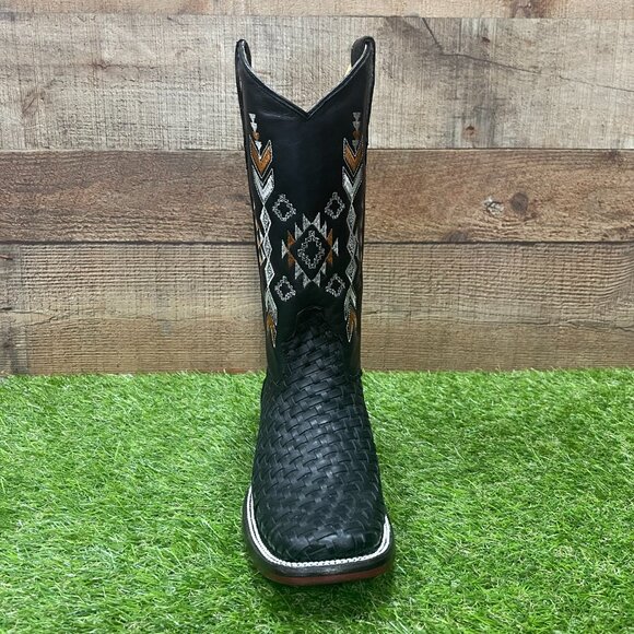 Women's Western Rodeo Cowgirl Black Square Toe Genuine Leather Handwoven Boots - Picture 4 of 8